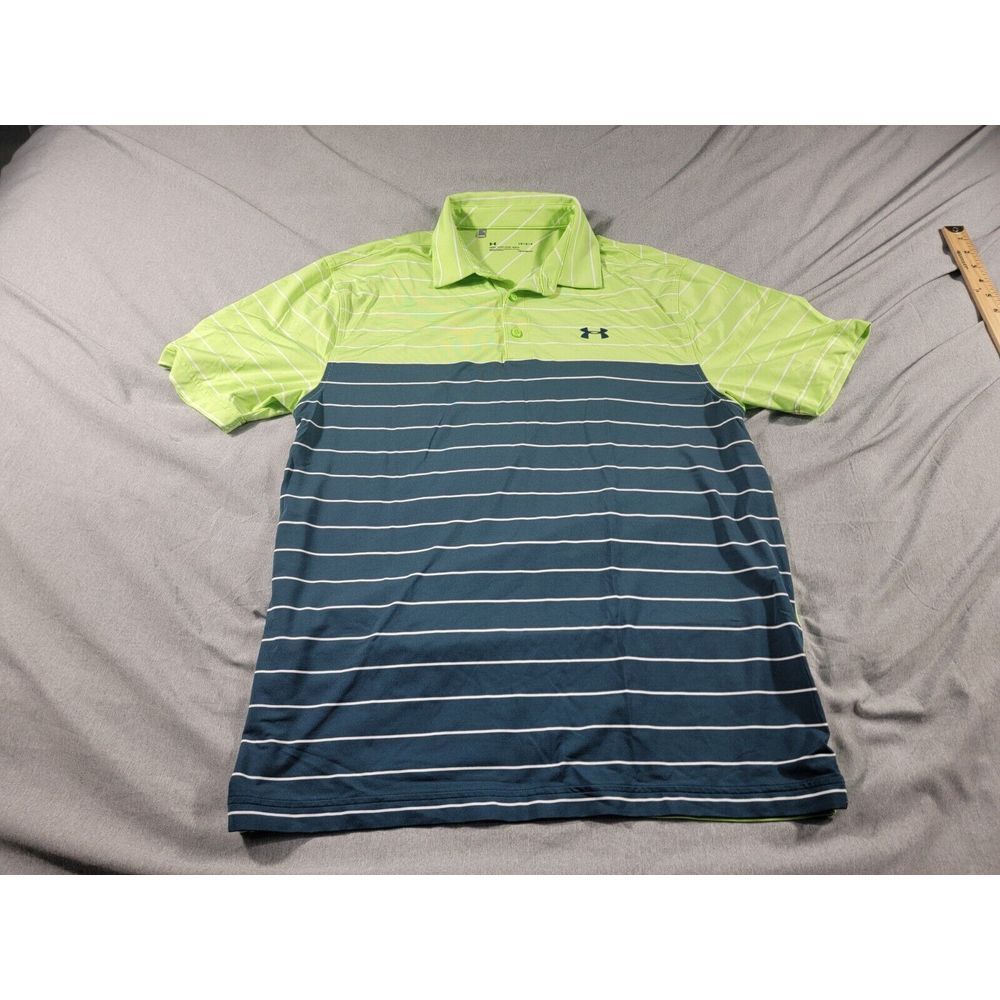 Under Armour HeatGear Polo Shirt Men's Large Striped Colorblock S/S Green, Blue